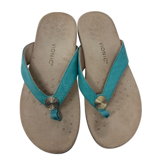 Vionic Hilda 11 Woven Teal Arch Support Orthotic Faux Leather Sandals Flip Flops - Picture 2 of 10